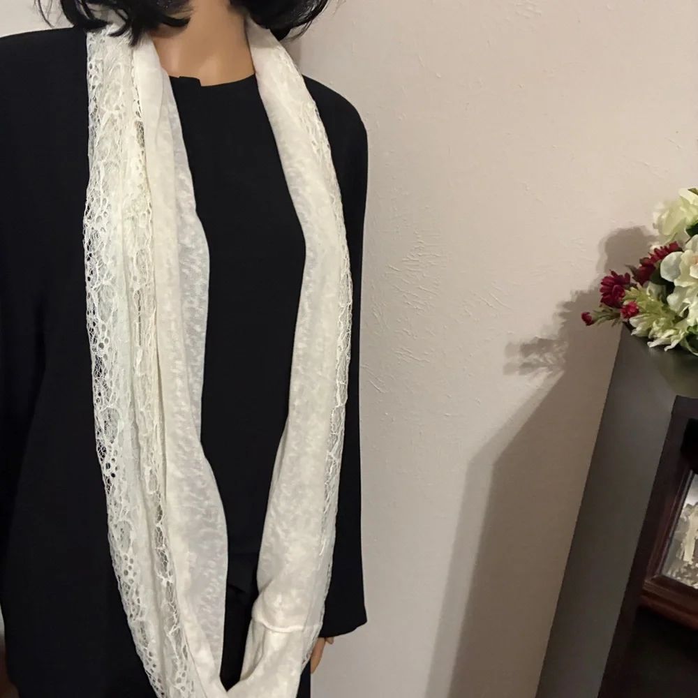 79” Elegant Cream Lace Infinity Scarf. Casual. Dressy. Preppy. Feminine.